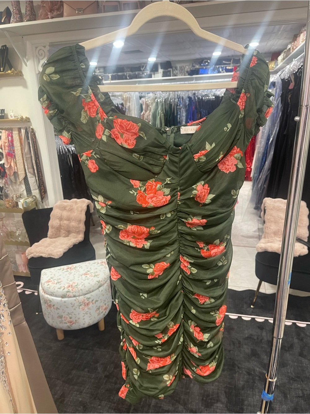 Ruched Olive Mini Dress with Red Rose Print